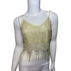 Y2K Fringe Boho Cropped Tank Top - Small, Yellow Shimmer